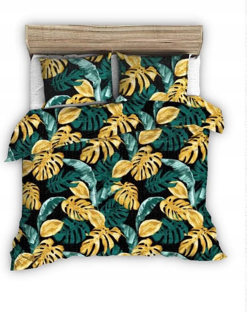 Ágyneműhuzat kéregből 180x200 fekete-zöld arany egzotikus levelekkel