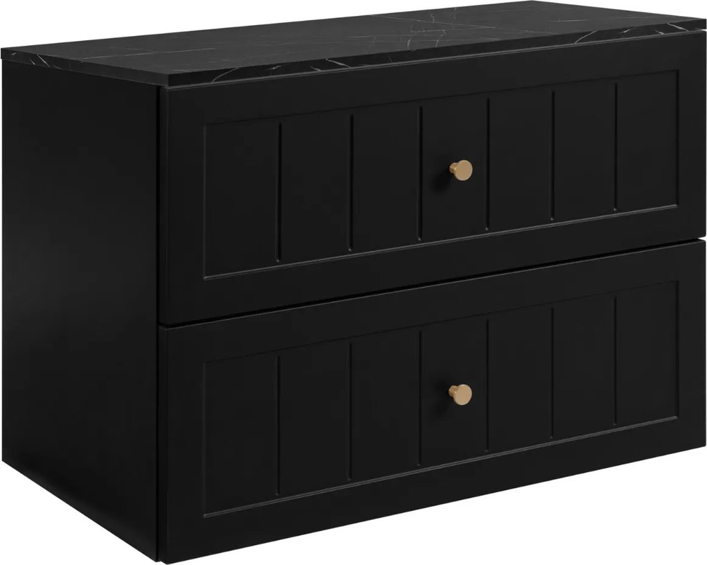 Fürdőszoba szekrény mosdó alá fekete 60 mart frontok gombok asztallap márvány