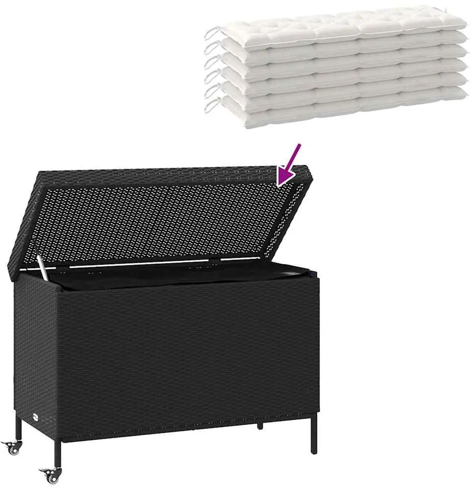fekete polyrattan kerti tárolóláda kerekekkel 110x55x73 cm