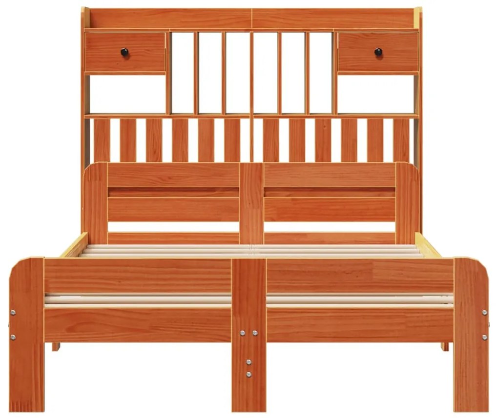barna tömör fenyőfa könyvespolcos ágy matrac nélkül 135 x 190cm