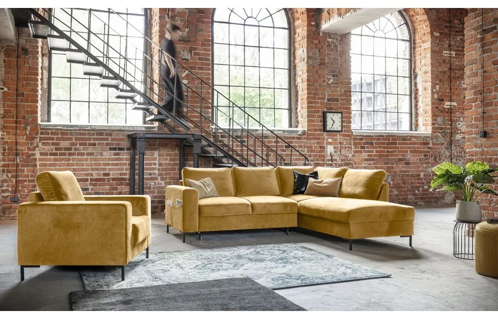 Sárga bársony kinyitható sarokkanapé (jobb oldali) Lofty Lilly – Miuform