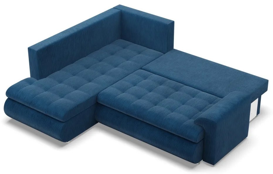 Tokio sarokkanapé, L alakú háttámlával, 2 ágyneműtartóval, kordbársony, baloldali, kék