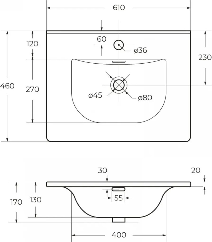 TMP MODENA 60 fali függesztett fürdőszobabútor - SKY E-8099-60 porcelán mosdóval - 61 x 46 cm