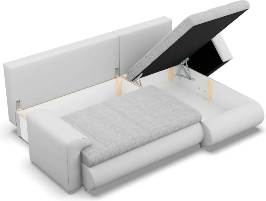 Tokio sarokkanapé, 2 ágyneműtartóval, fonott + műbőr, jobboldali, szürke - fehér