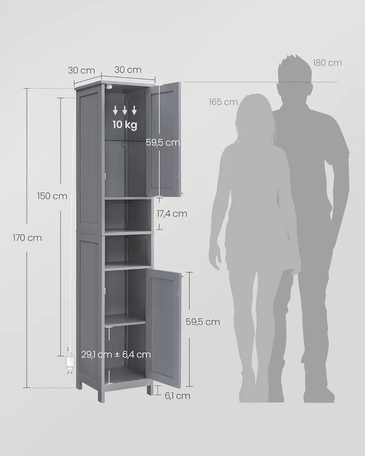VASAGLE fürdőszobaszekrény világítással 30x30x170 cm, szürke
