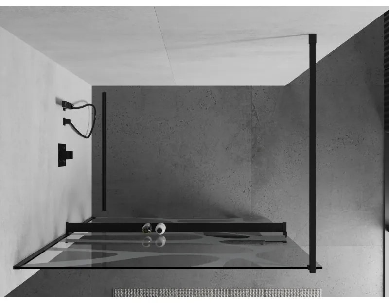 Mexen Kioto +, zuhany paraván polccal és törölközőtartóval 90 x 200 cm, 8mm üveg átlátszó üvegmintás fehér, fekete profil, 800-090-121-70-97