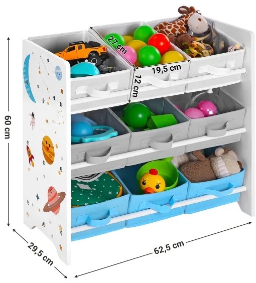 Gyerek tároló polc ANET kék-fehér textil dobozokkal