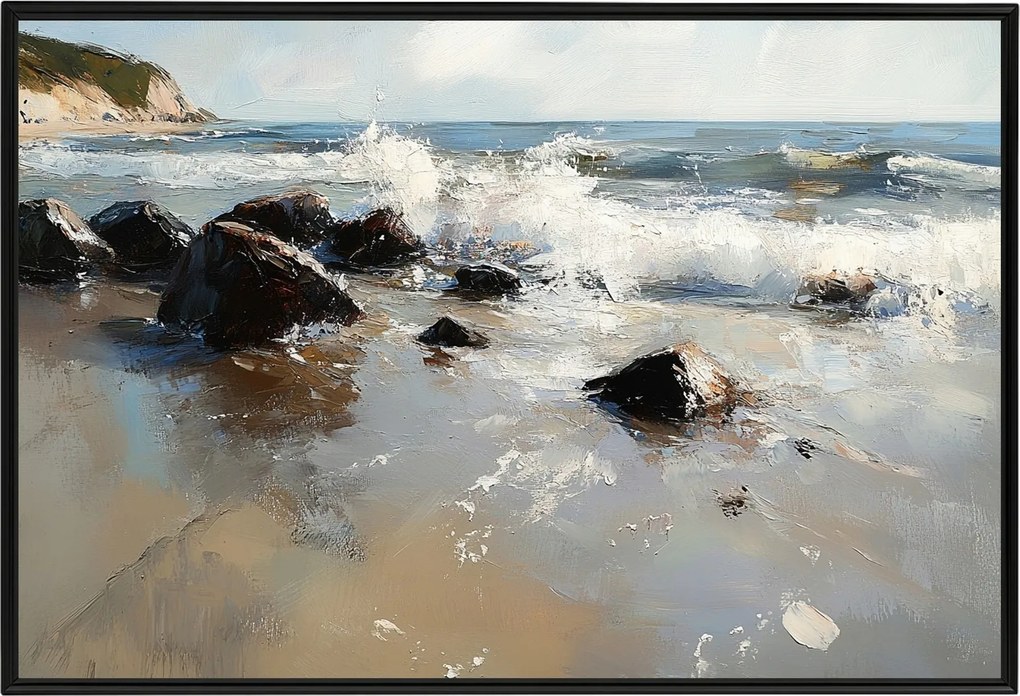 Poszter Keret Alumínium Tájkép Tenger Tengerpart Szikla Kövek Sziklák Hullámok 60x40