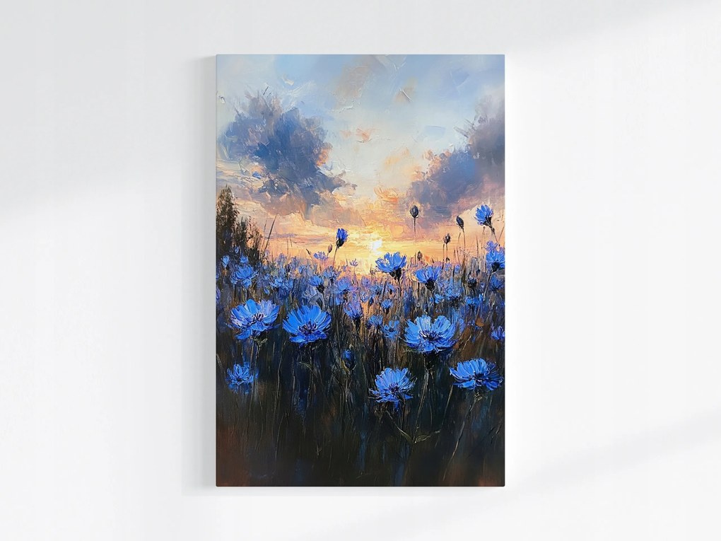 Vászonkép Canvas Tájkép Rét Mező Virágok Búzavirág Naplemente 80x120