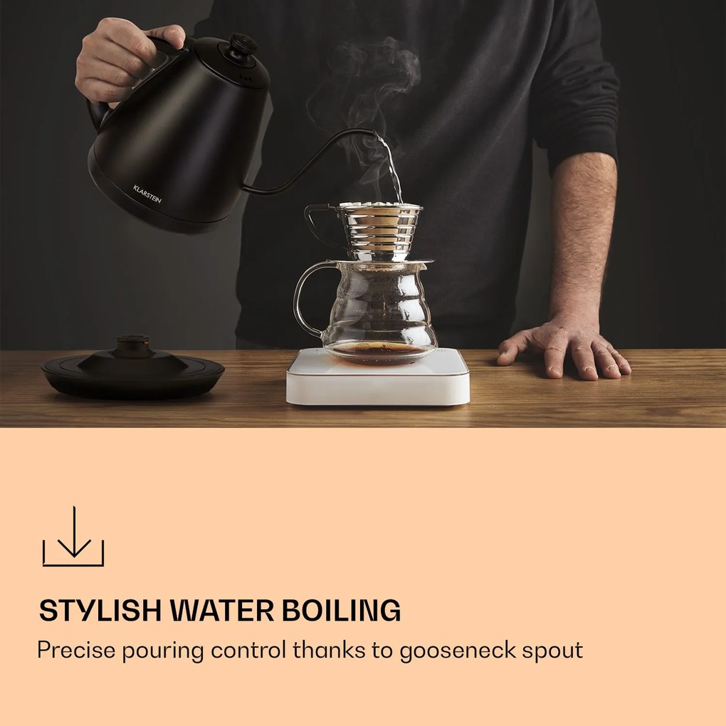 Klarstein Garcon, vízforraló, 1 L, 2000 W, melegentartó funkció, hattyúnyak, rozsdamentes acél