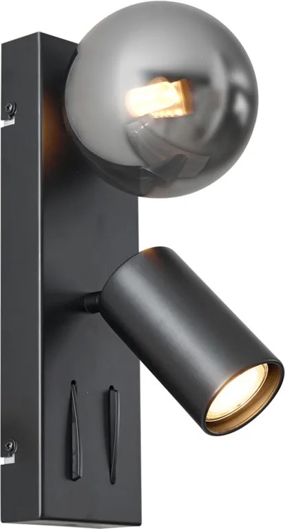 Modern fekete fali lámpa 2-lámpás dönthető USB-C porttal - Lesly