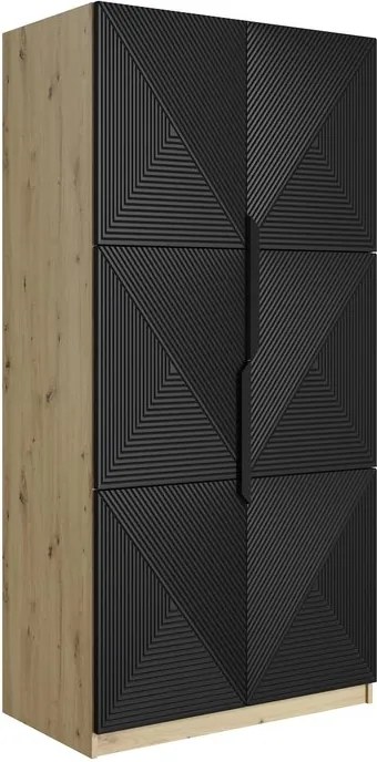 Asha ruhásszekrény, bordázott előlappal és fém fogantyúkkal, 100 cm - artisan tölgy / matt fekete / fekete fogantyúk