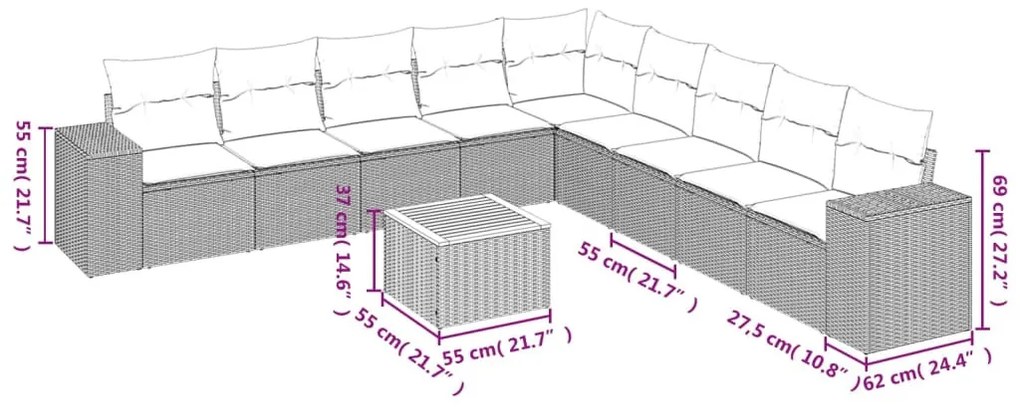 10 részes szürke polyrattan kerti ülőgarnitúra párnákkal