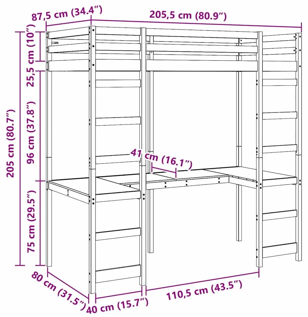 vidaXL Tetőtéri ágykeret Fehér 80 x 200 cm Tömör fenyőfa