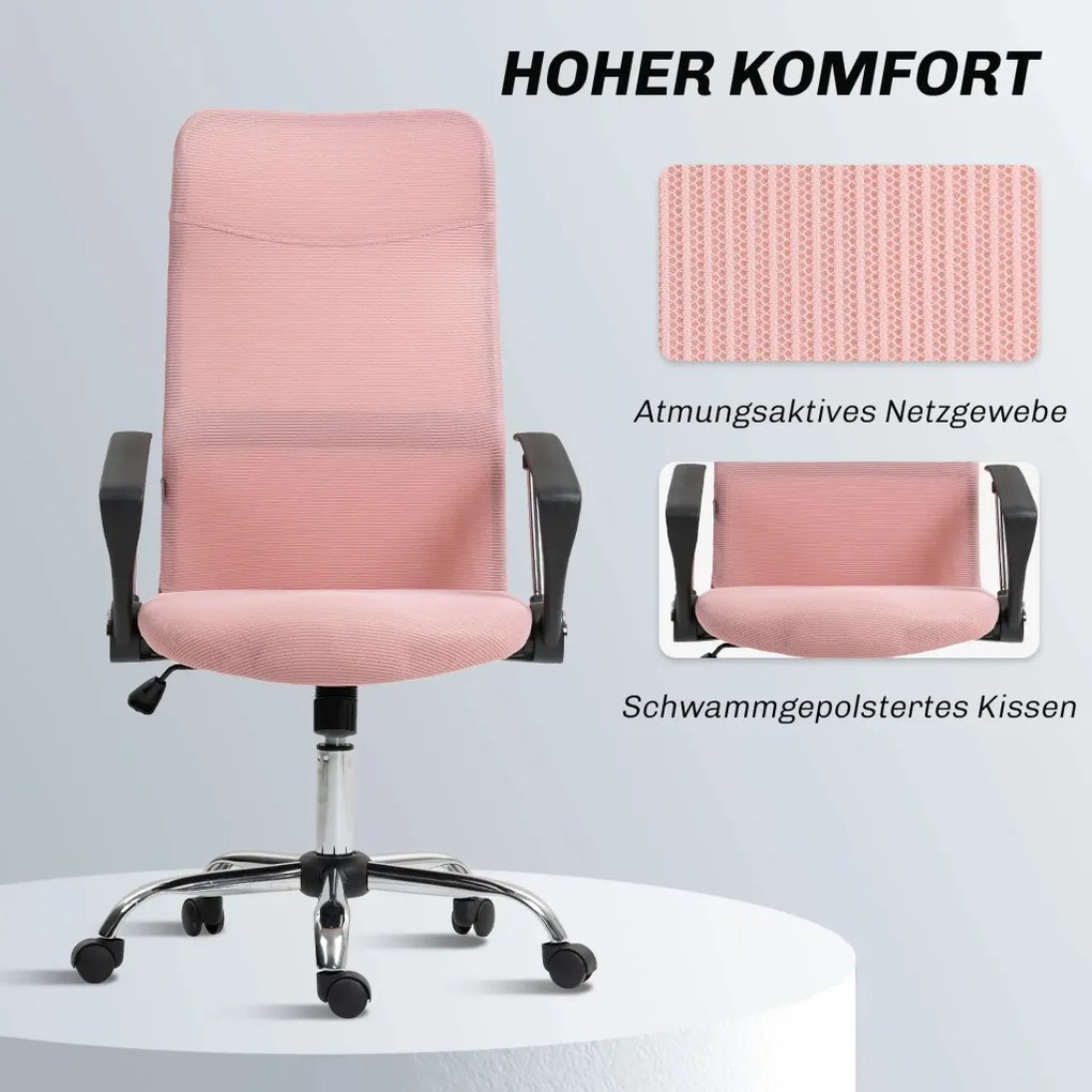 HOMCOM ergonomikus irodai szék, magasságban állítható forgószék hintafunkcióval, hálós kárpitozás, rózsaszín