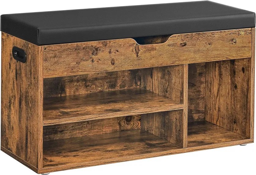 Cipőpad párnázott ülőfelülettel, 3 nyitott rekesszel és rejtett tárolóhellyel, 80 x 30 x 44 cm, 150 kg teherbírással, rusztikus barna