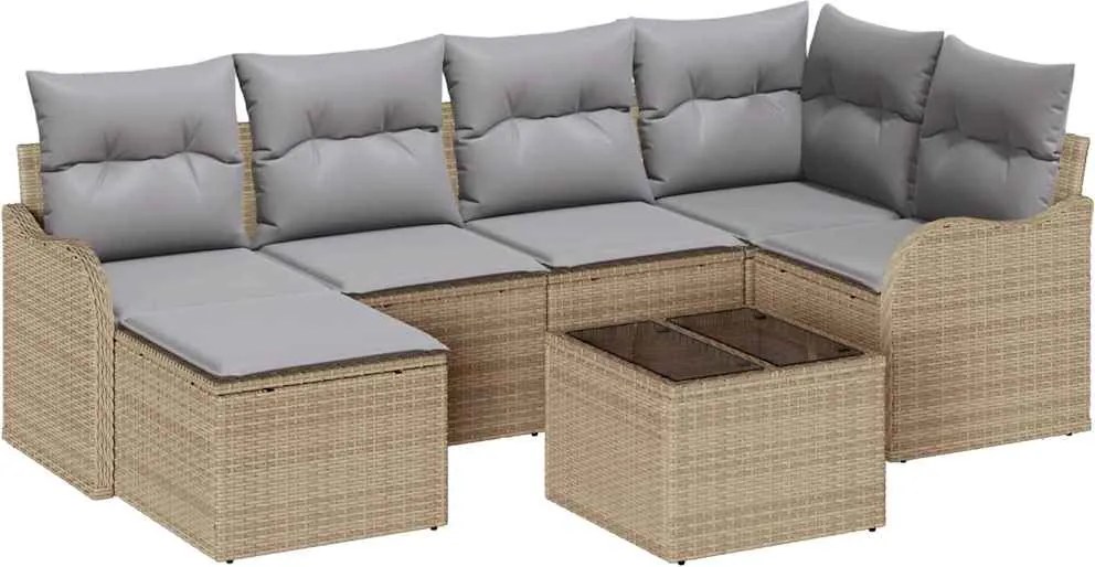 vidaXL Kerti Kanapé Szett párnával 7 pcs Bézs Poli rattan