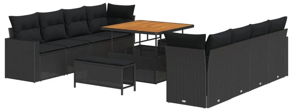 11 Darabos Kerti Bútor Szett Párnákkal Fekete Poli Rattan Akáciával, 3 Darabos Kerti Étkező Szett Párnákkal Fekete Poli Rattan Akáciával