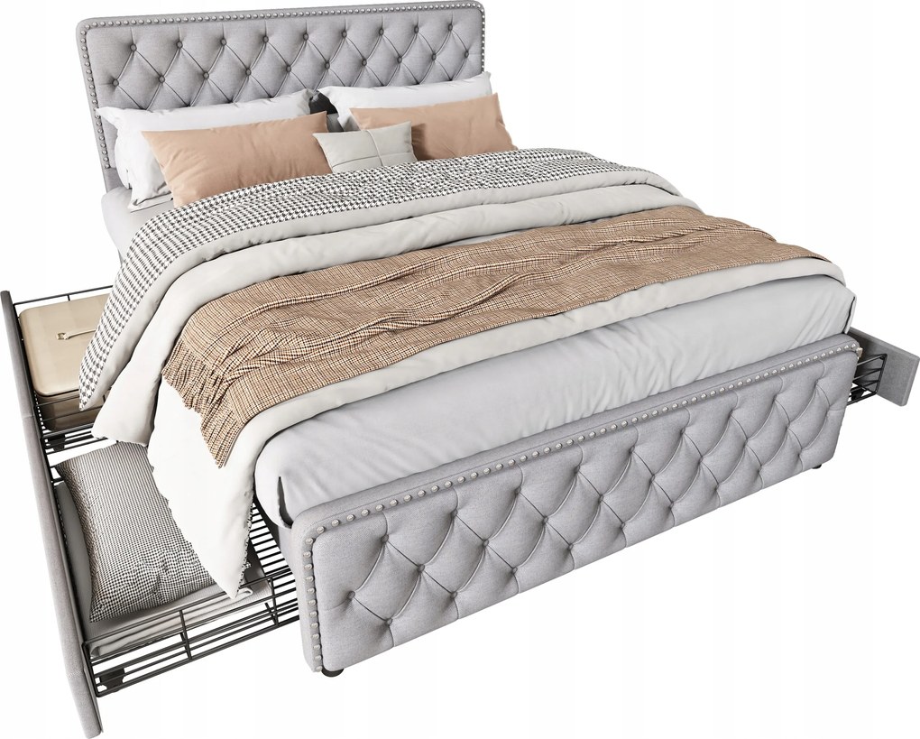 Kárpitozott franciaágy 160x200cm lenvászon, szürke 4 fiókos