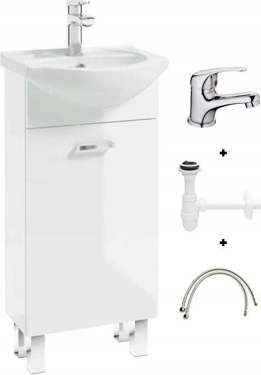 Fürdőszobaszekrény fehér mosdóval 40x84 cm álló, króm csaptelep szett