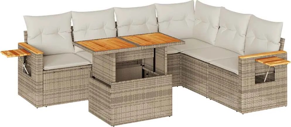 vidaXL 7 részes bézs polyrattan akácfa kerti ülőgarnitúra párnákkal