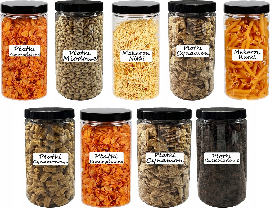 Műanyag Ételtároló Doboz Tészta Befőttes Üveg 1500ML 9 Db Címkék