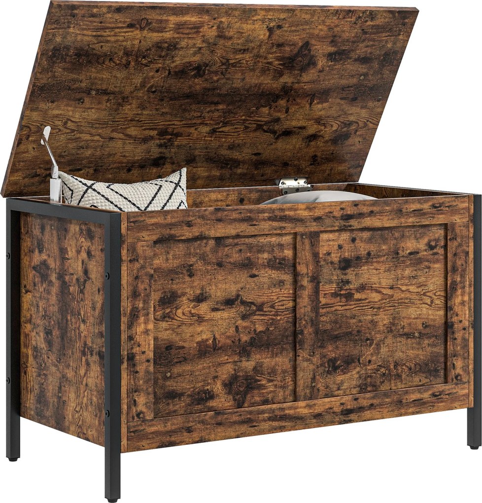 HOMCOM 95L Ipari Stílusú Tároló Láda Biztonsági Zsanérral, Többfunkciós Tároló Pad a Nappaliba és Az Előszobába, 80x40x49cm, Rusztikus Barna | Aosom