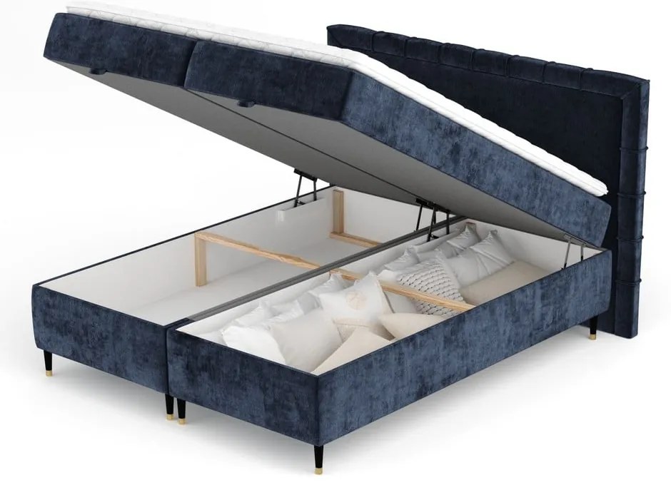 Sötétkék ágyneműtartós boxspring ágy 200x200 cm Voyage – Maison de Rêve