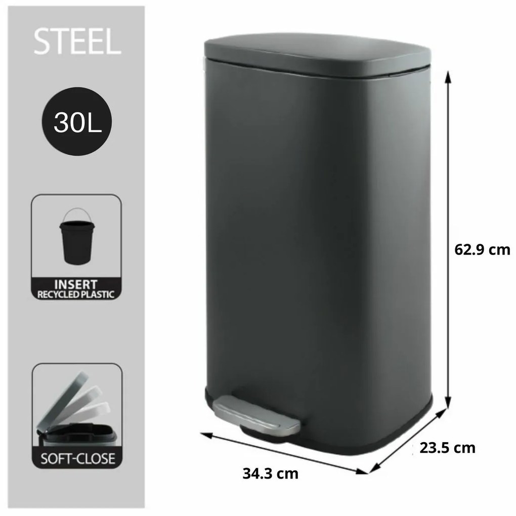 Spirella Pedálový odpadkový koš soft-close Akira30 l, matt grey, 30 l