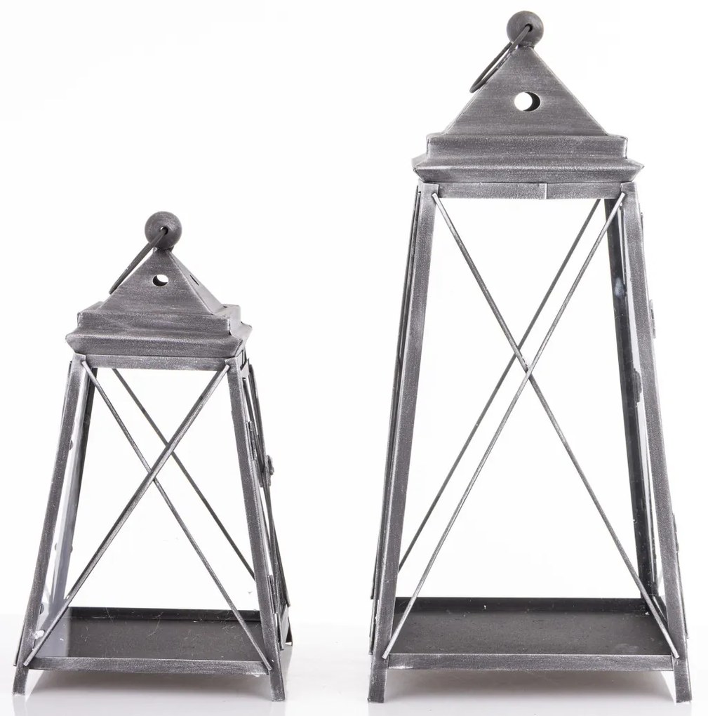 Vintage szürke szögletes 2db-os áttört fém lámpás lantern szett fogantyúval 37,5x21x21 / 55x25x25cm