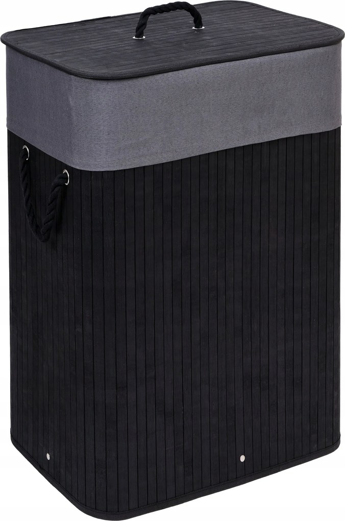 Bambusz szennyeskosár fedővel, 80 literes, fekete-szürke