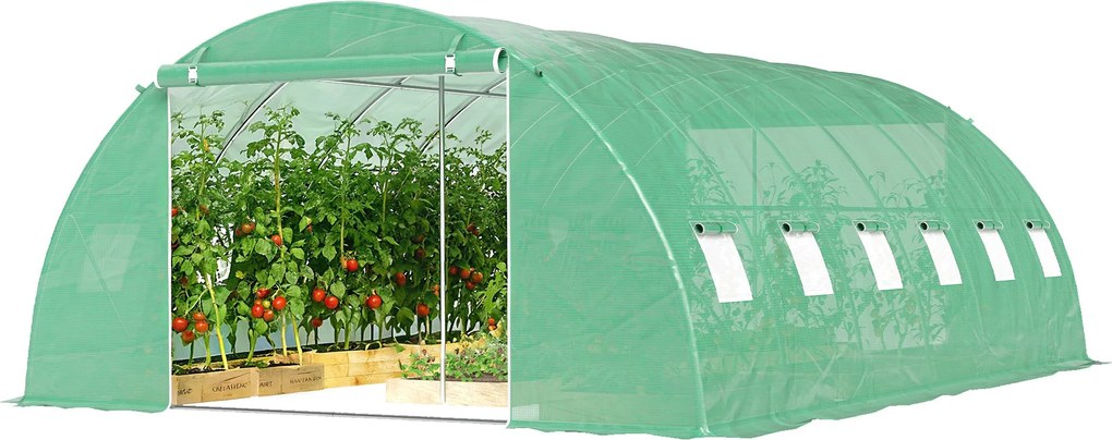 Outsunny kültéri alagút üvegház 6 x 4 x 2 m – 2 merevítő rúddal, feltekerhető ajtókkal, hálós ablakokkal, PE takaróval és horganyzott acél vázzal, UV-