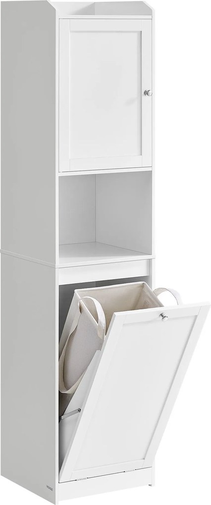 Keskeny oszlopos fürdőszoba szekrény szennyestartó kosárral 3 polc és nyitott rekesz