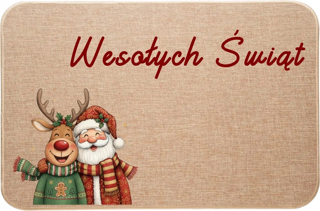 Karácsonyi Lábtörlő lenvászon Mikulás és rénszarvas boldog karácsonyt kíván