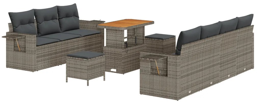 10 Darabos Kerti Sofa Szett Párnákkal Szürke Poli Rattan Akác