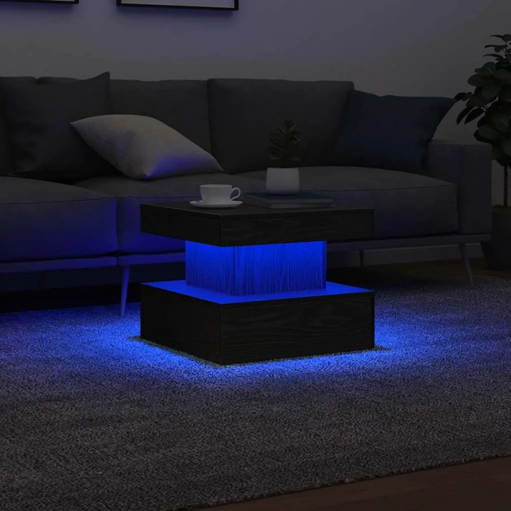 Fekete tölgyszínű dohányzóasztal LED-lámpákkal 50 x 50 x 40 cm