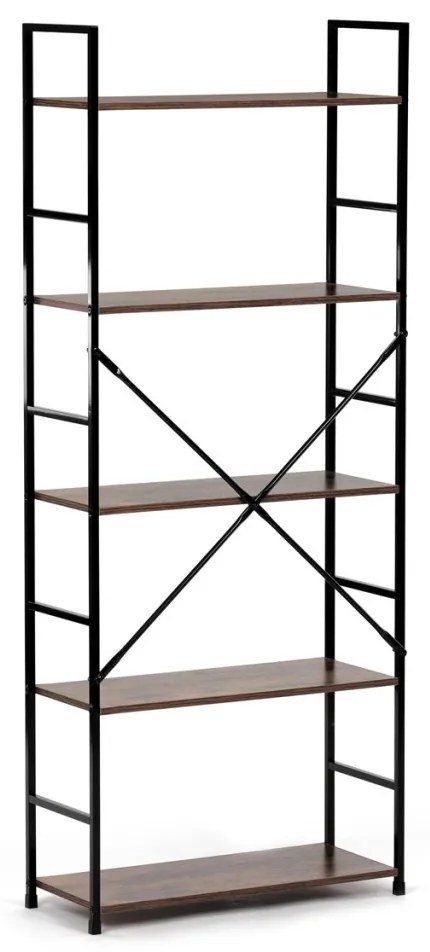 Könyvespolc, 5 polc, vintage fa dekor, MDF, fekete lakk