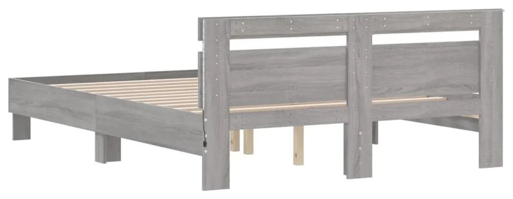 szürke sonoma színű ágykeret fejtámlával és LED-del 140x190 cm