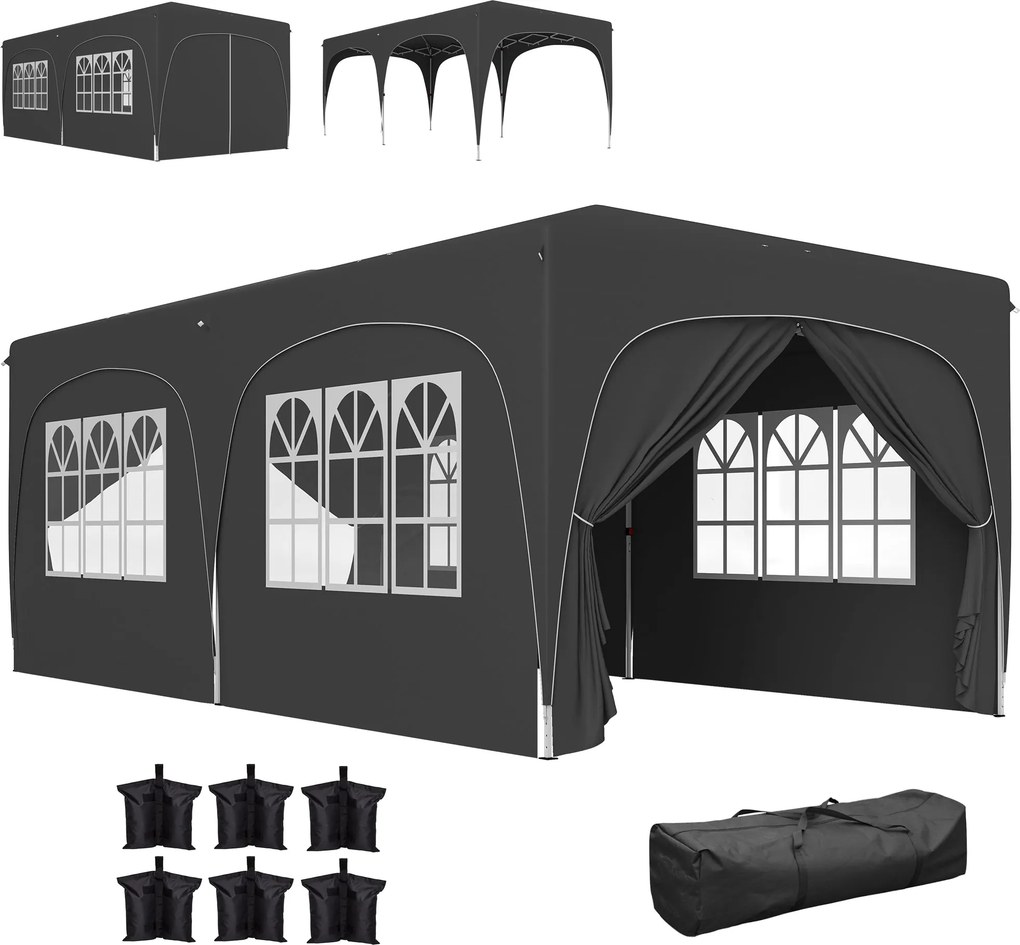 Outsunny Összecsukható Pavilon 3x6 m UPF50+ Oldalfalakkal - Állítható Magasságú Kerti Pavilon Hordtáskával Kempingezéshez, Bulikhoz, Teraszra - Sötéts