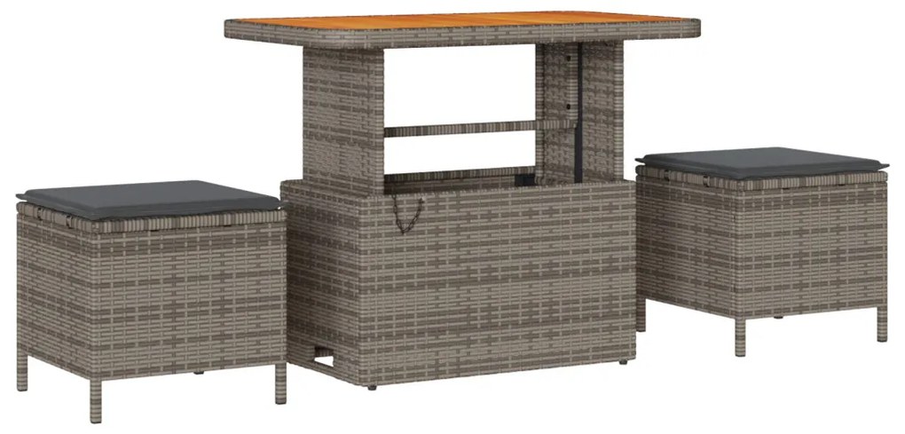 9 részes kertibútor szett párnákkal szürke poli rattan akác, 2-fős kertibútor párnákkal szürke poli rattan, 3 részes kert dining szett párnákkal szürke poli rattan akác