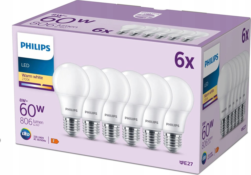 Led izzó E27 A60 8W 60W 806lm 2700K Meleg Prémium Philips 6 db