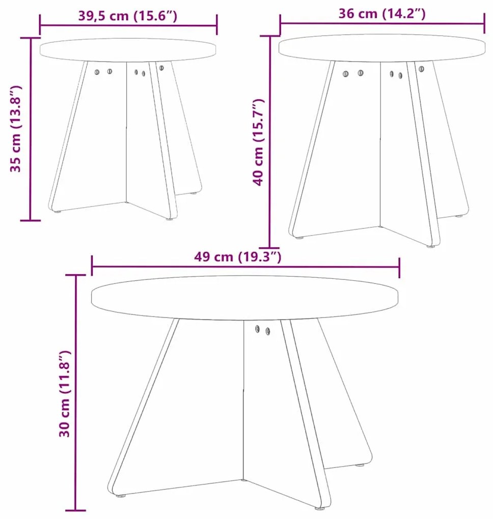 Dohányzóasztal 3 pcs Fehér 49 x 49 x 30 cm Tömör fenyőfa