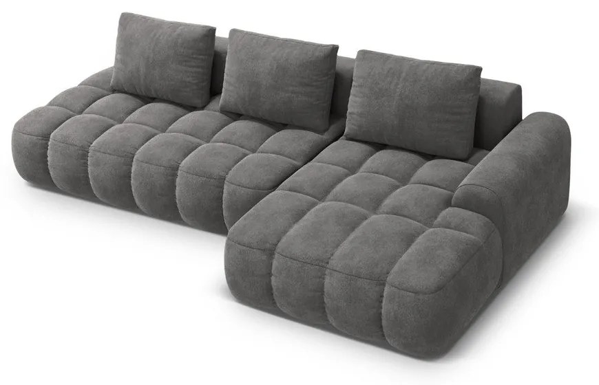 Szürke bársony kinyitható-tárolóhelyes sarokkanapé (jobb oldali-heverő résszel) Linz – Cosmopolitan Design