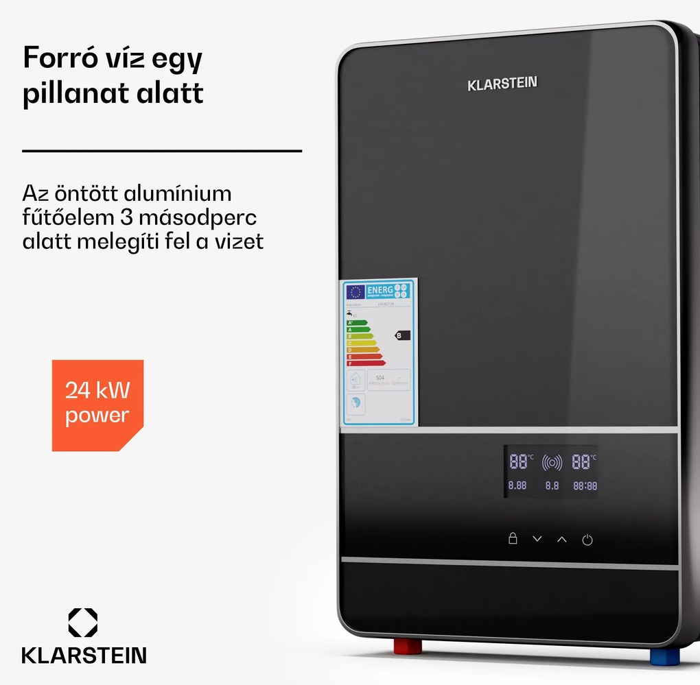 Blaze Flow Elektromos átfolyós vízmelegítő, rozsdamentes acél fűtőelem, LED kijelző, 24 kW