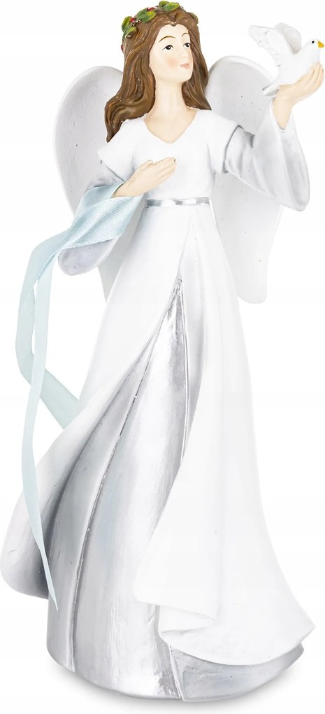 Angyal figura Angyalka madárkával fehér ezüst műanyag figura dekoráció