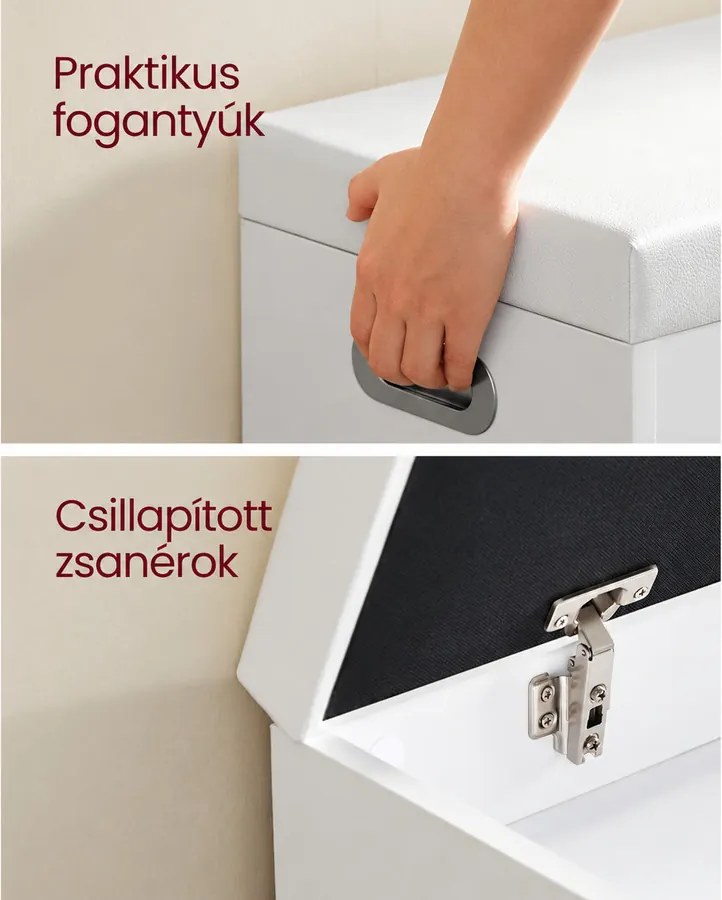 SONGMICS párnázott cipőpad ülés alatti tárolóval, 3 nyitott rekesszel, 80 cm, fehér