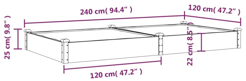 szürke tömör fenyőfa kerti magaságyás béléssel 240x120x25 cm
