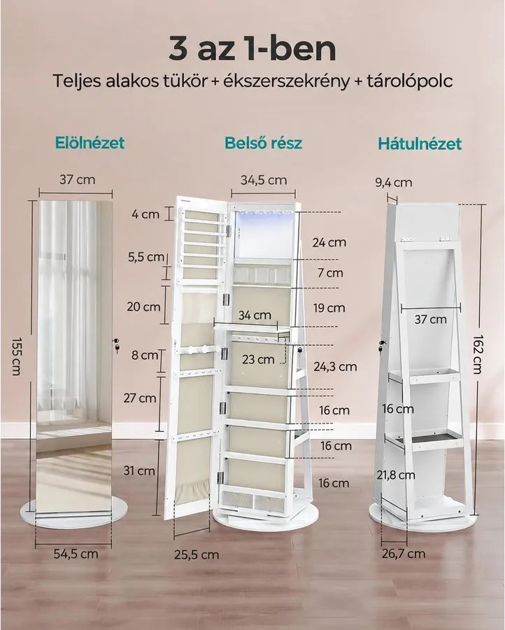 Ékszerszekrény, tükrös szekrény 360°-ban forgatható, fehér felülettel és greige