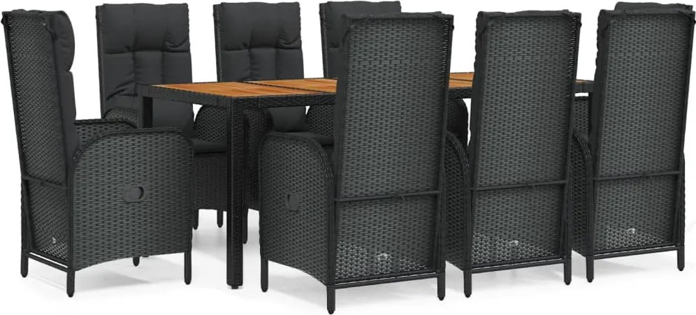 vidaXL 9 részes fekete polyrattan kerti étkezőgarnitúra párnákkal