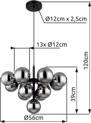 Globo 56143-13 Függeszték fém fekete matt, füstszínű üveg gömbök, fekete textil kábel, magassága lerövidíthető, ø: 560mm, M: 1200mm, 13x G9 LED 5W 230V izzók nélkül
